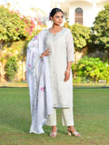 Vaasva Women's Grey Green Linen Suit Set With Cutwork Dupatta