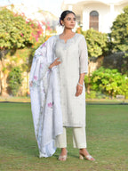 Vaasva Women's Grey Green Linen Suit Set With Cutwork Dupatta