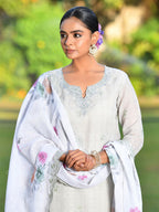 Vaasva Women's Grey Green Linen Suit Set With Cutwork Dupatta