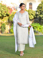 Vaasva Women's Grey Green Linen Suit Set With Cutwork Dupatta
