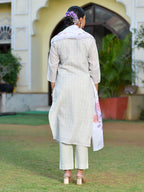 Vaasva Women's Grey Purple Linen Suit Set With Cutwork Dupatta