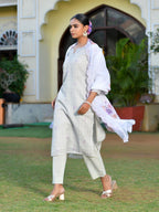 Vaasva Women's Grey Purple Linen Suit Set With Cutwork Dupatta