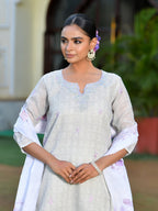Vaasva Women's Grey Purple Linen Suit Set With Cutwork Dupatta