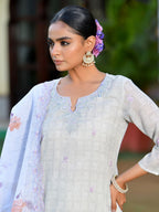 Vaasva Women's Grey Purple Linen Suit Set With Cutwork Dupatta