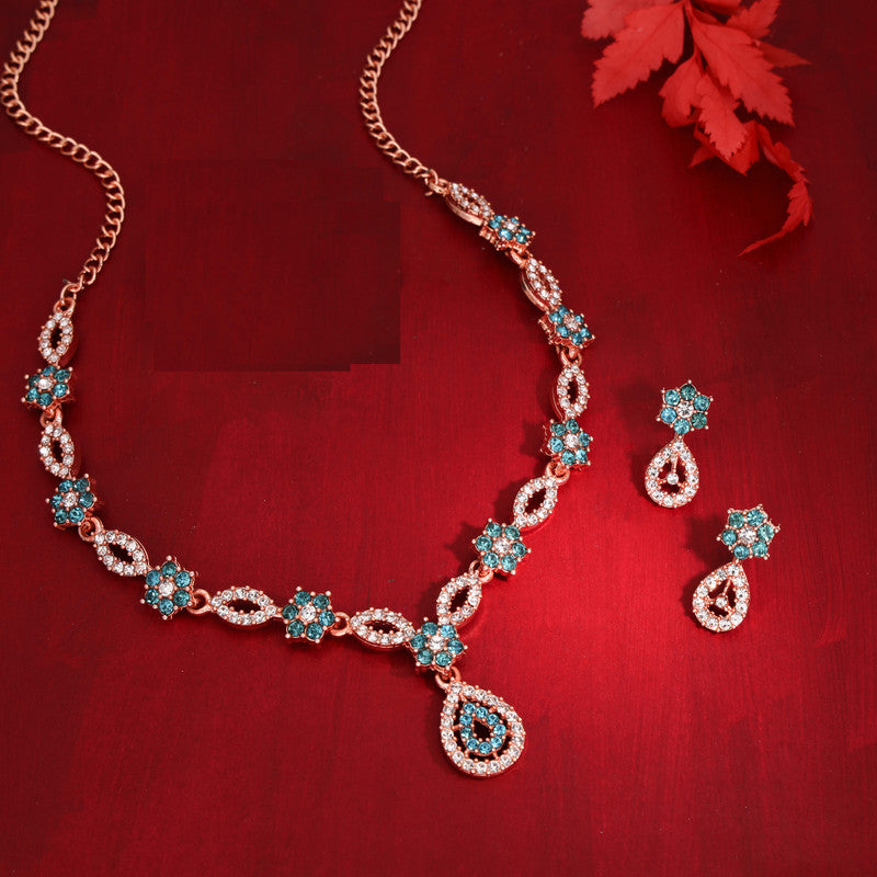 Tehzeeb Creations Elegant Sky Blue Polished American Diamond (Ad) Studded Necklace And Earring Set For Women