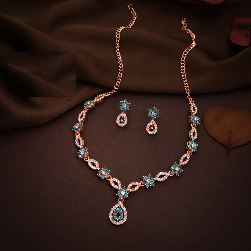 Tehzeeb Creations Elegant Sky Blue Polished American Diamond (Ad) Studded Necklace And Earring Set For Women