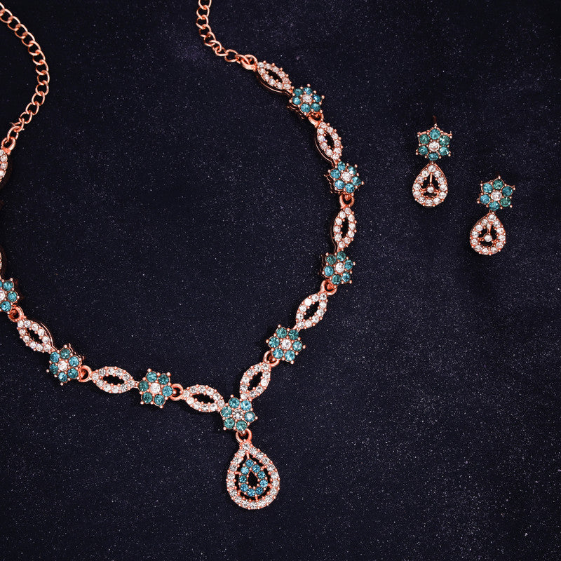 Tehzeeb Creations Elegant Sky Blue Polished American Diamond (Ad) Studded Necklace And Earring Set For Women