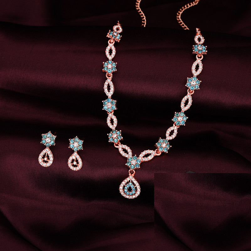 Tehzeeb Creations Elegant Sky Blue Polished American Diamond (Ad) Studded Necklace And Earring Set For Women