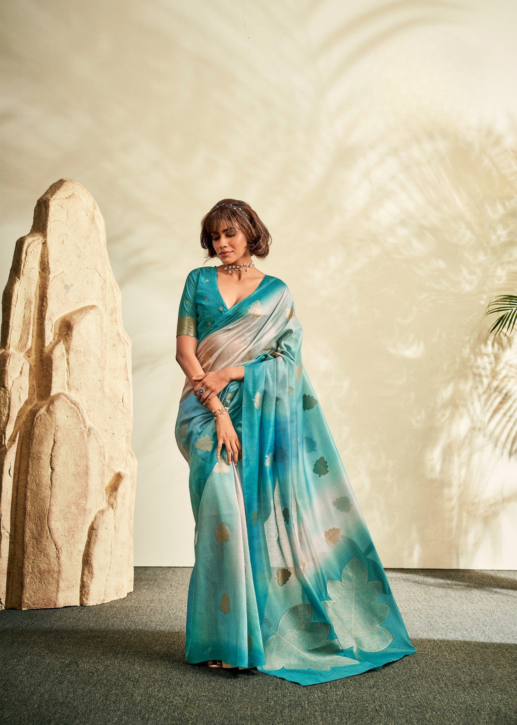 Anaita Sky Blue Printed Handloom Khadi Silk Silk Saree With Blouse - Distacart