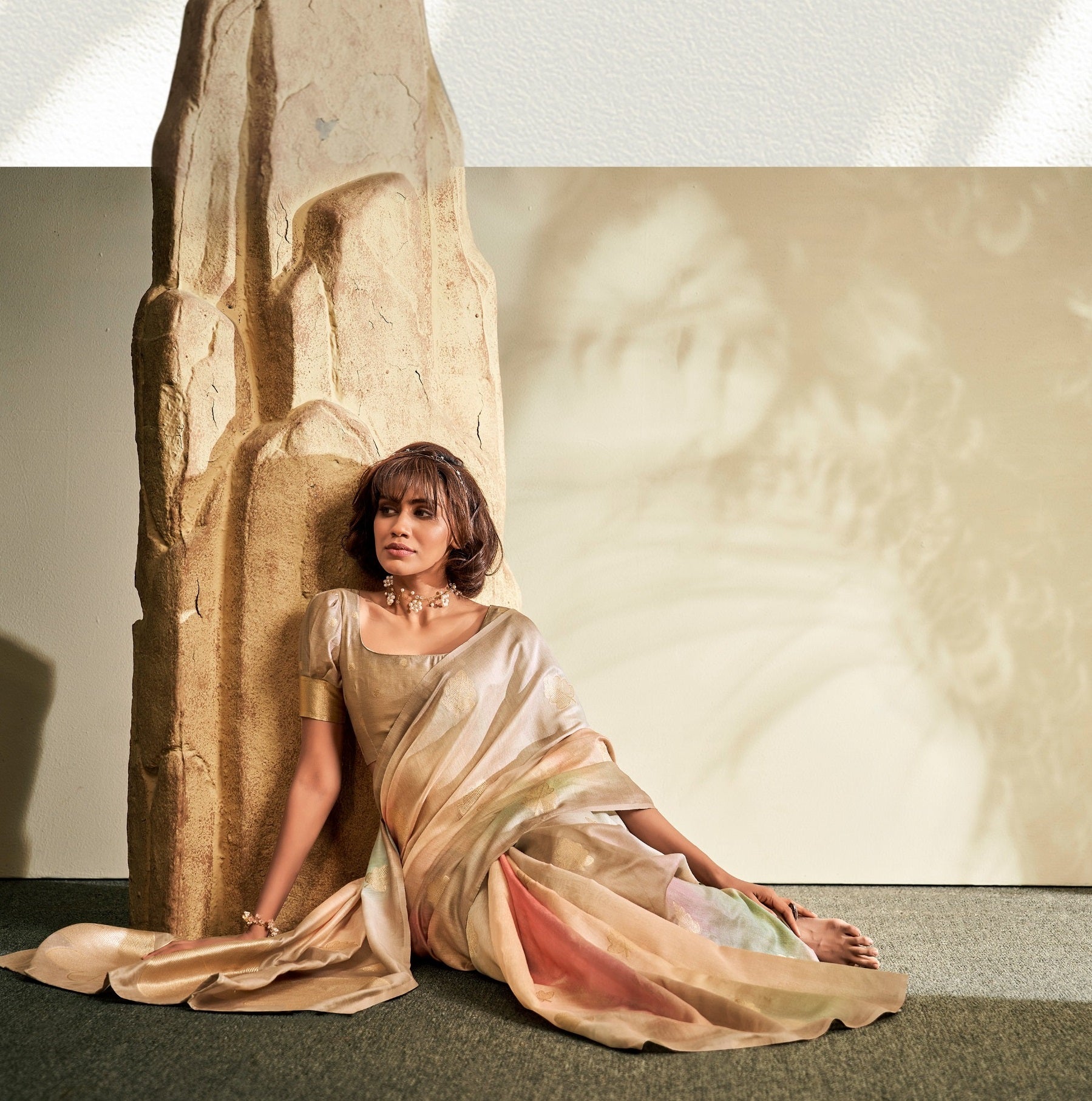 Anaita Cream Printed Handloom Khadi Silk Silk Saree With Blouse - Distacart