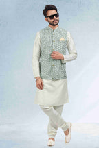 Raivat Ethnic Art Banarasi Silk Thread Work 3 Pics Jacket Set In Mehendi Green Colour