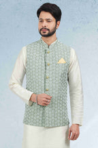 Raivat Ethnic Art Banarasi Silk Thread Work 3 Pics Jacket Set In Mehendi Green Colour