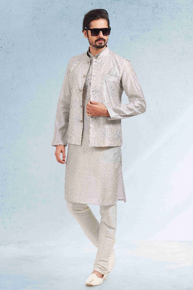 Raivat Ethnic Art Banarasi Silk Thread Work 3 Pics Jacket Set In Grey Colour