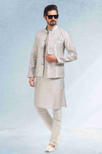 Raivat Ethnic Art Banarasi Silk Thread Work 3 Pics Jacket Set In Grey Colour