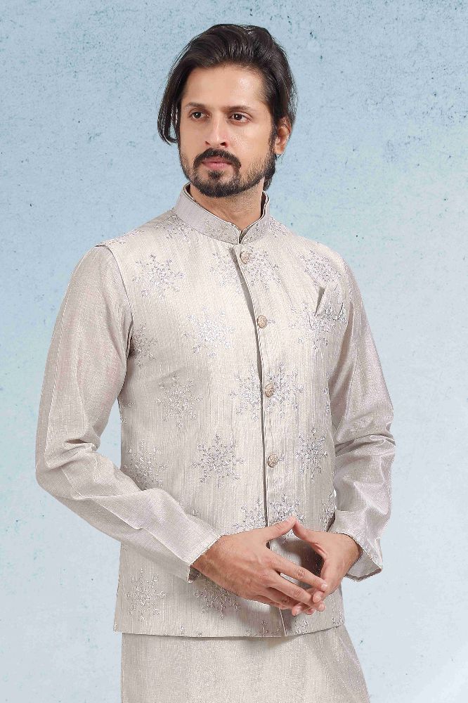 Raivat Ethnic Art Banarasi Silk Thread Work 3 Pics Jacket Set In Grey Colour