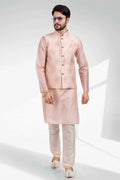 Raivat Ethnic Art Banarasi Silk Thread Work 3 Pics Jacket Set In Light Peach Colour