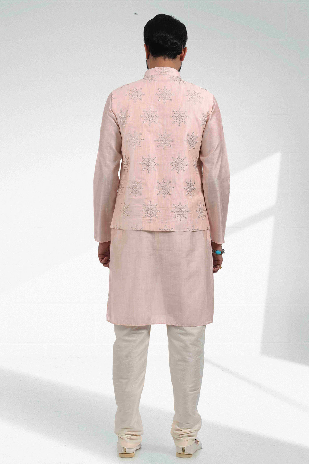 Raivat Ethnic Art Banarasi Silk Thread Work 3 Pics Jacket Set In Light Peach Colour