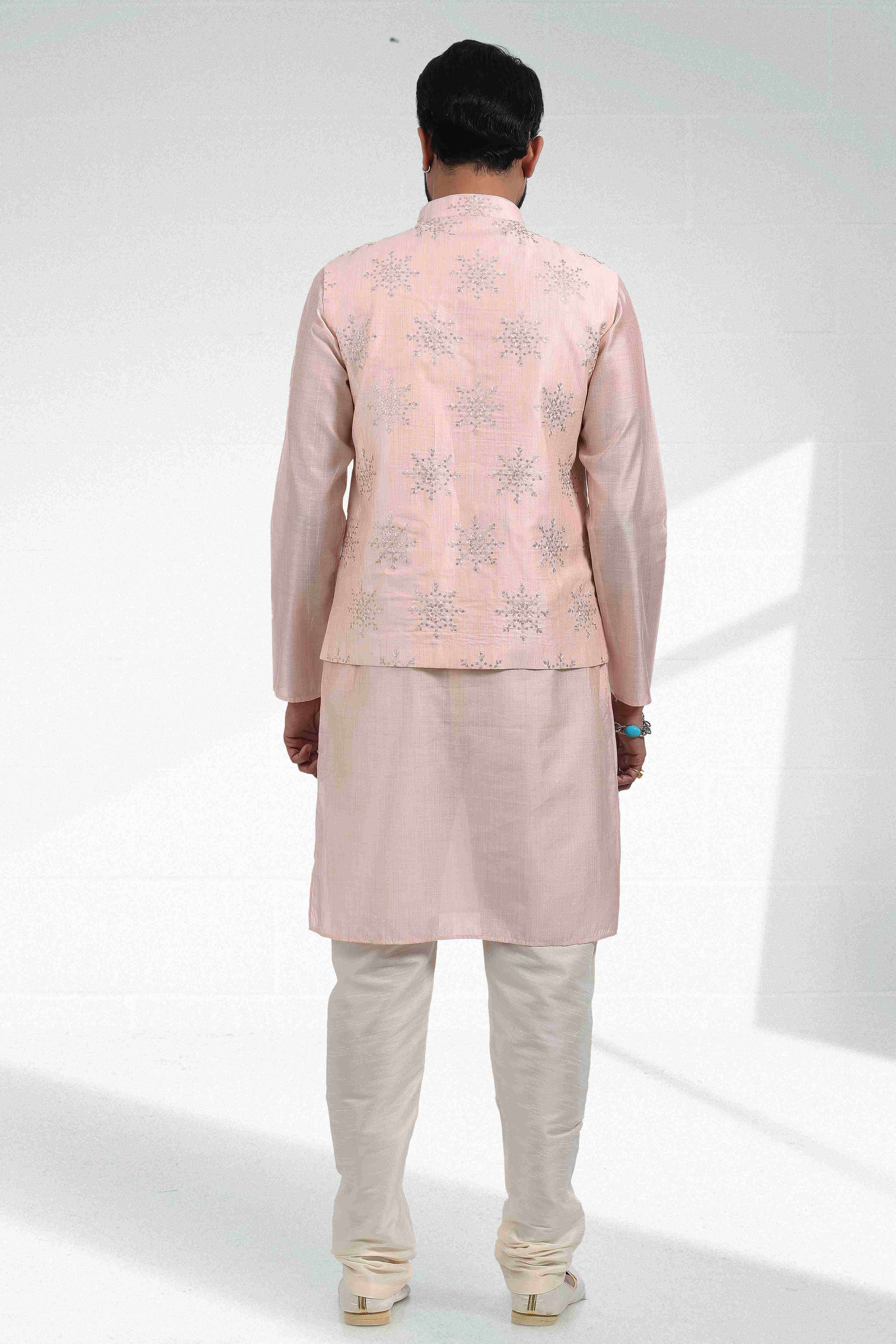 Raivat Ethnic Art Banarasi Silk Thread Work 3 Pics Jacket Set In Light Peach Colour