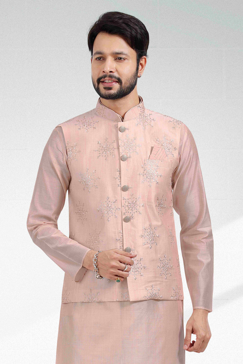 Raivat Ethnic Art Banarasi Silk Thread Work 3 Pics Jacket Set In Light Peach Colour