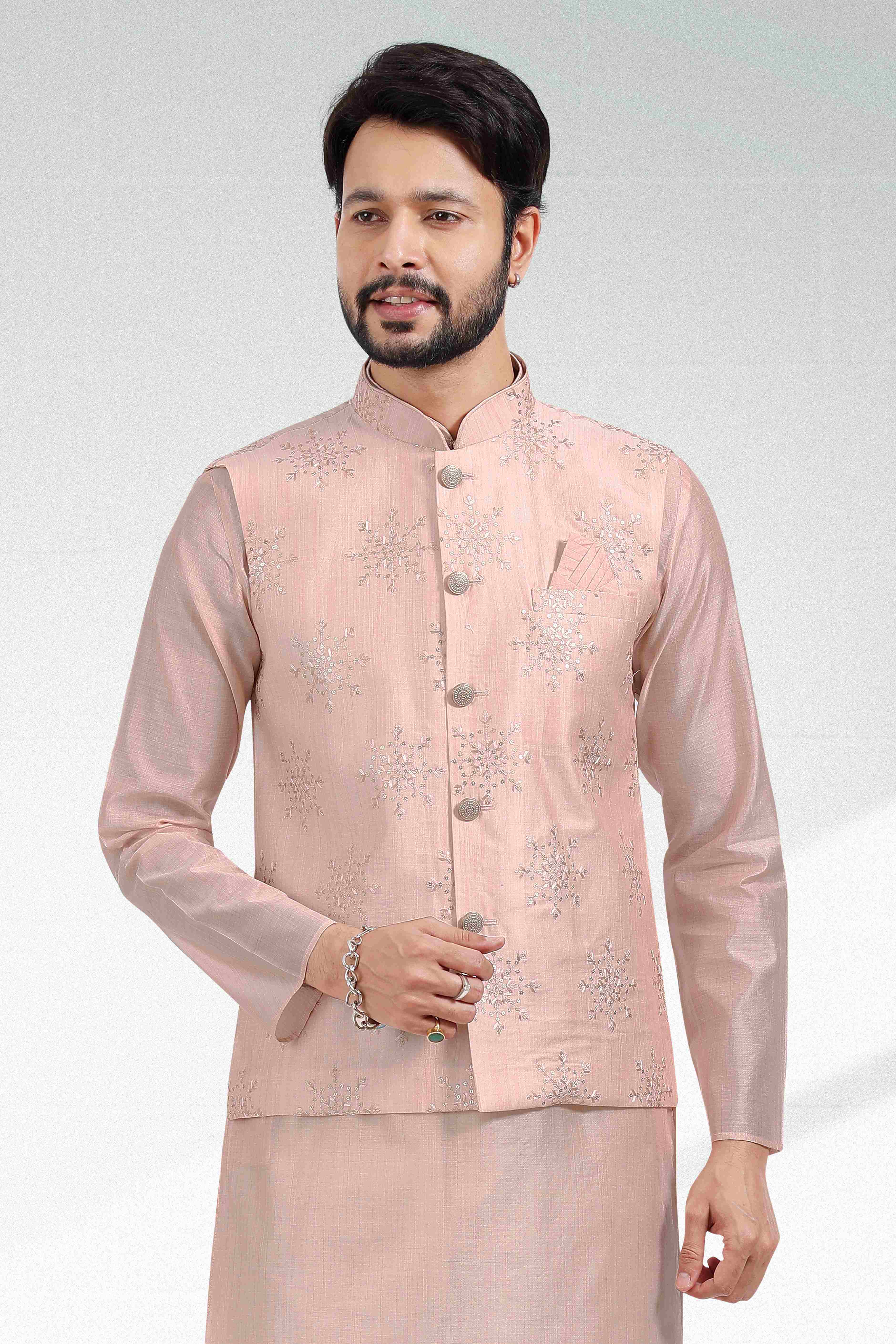 Raivat Ethnic Art Banarasi Silk Thread Work 3 Pics Jacket Set In Light Peach Colour