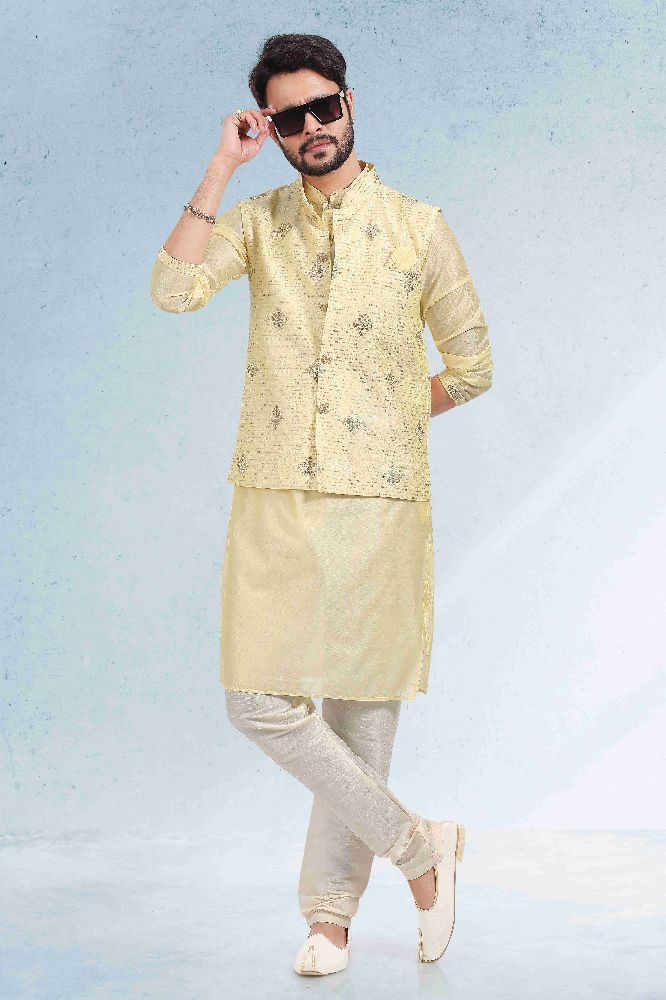 Raivat Ethnic Art Banarasi Silk Thread Work 3 Pics Jacket Set In Yellow Colour