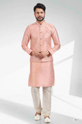 Raivat Ethnic Art Banarasi Silk Thread Work 3 Pics Jacket Set In Peach Colour