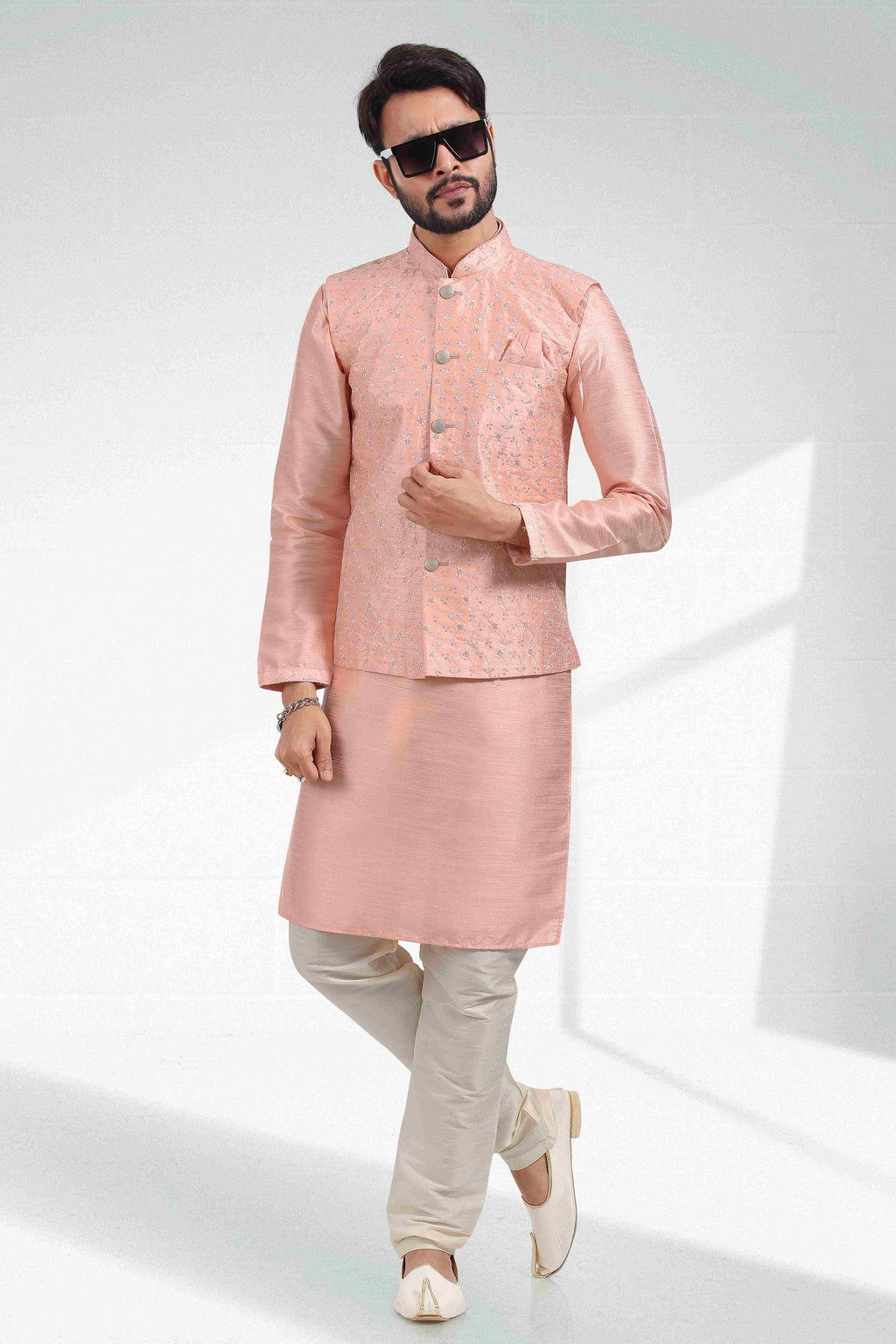 Raivat Ethnic Art Banarasi Silk Thread Work 3 Pics Jacket Set In Peach Colour