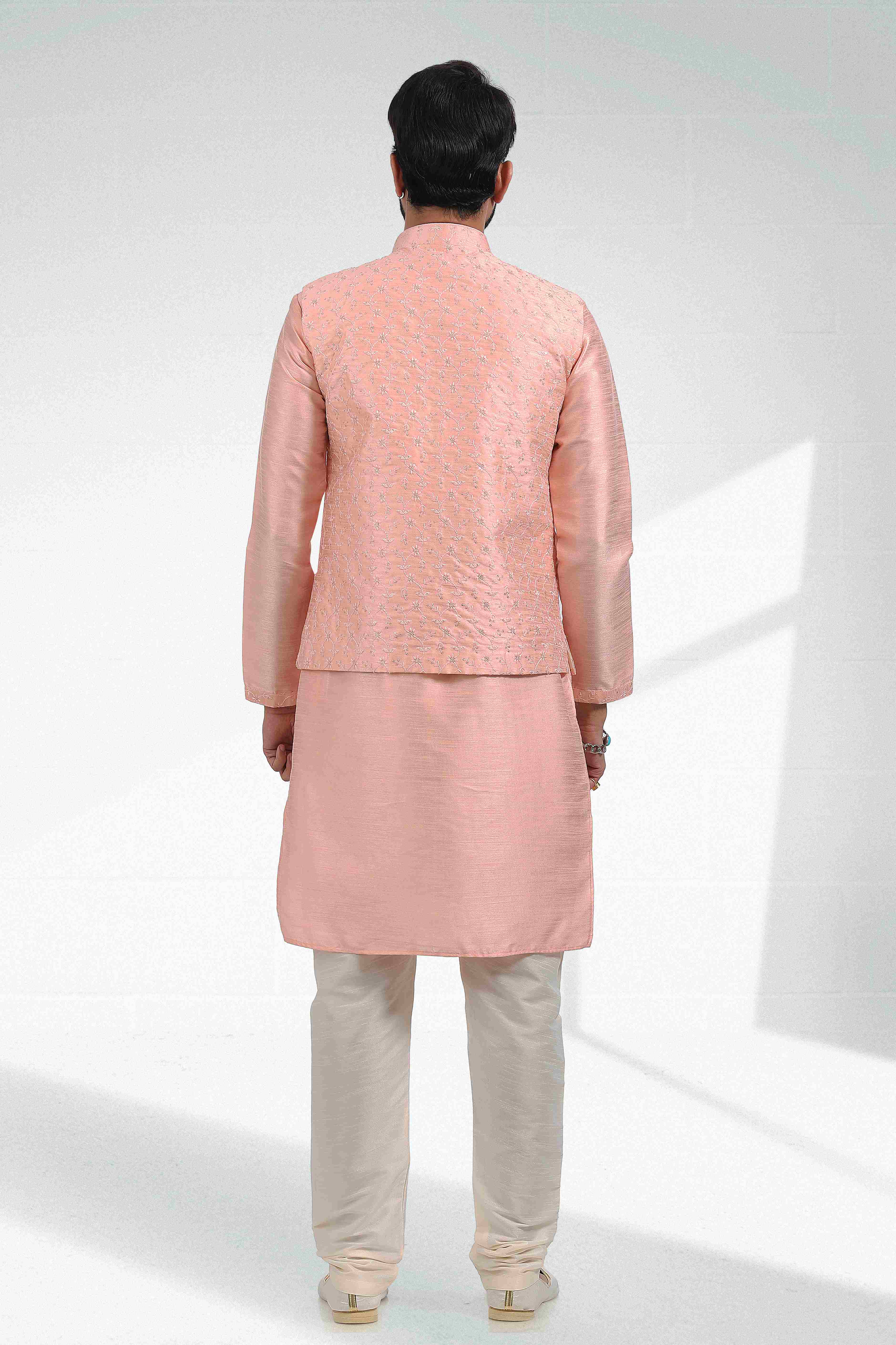 Raivat Ethnic Art Banarasi Silk Thread Work 3 Pics Jacket Set In Peach Colour