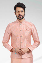 Raivat Ethnic Art Banarasi Silk Thread Work 3 Pics Jacket Set In Peach Colour