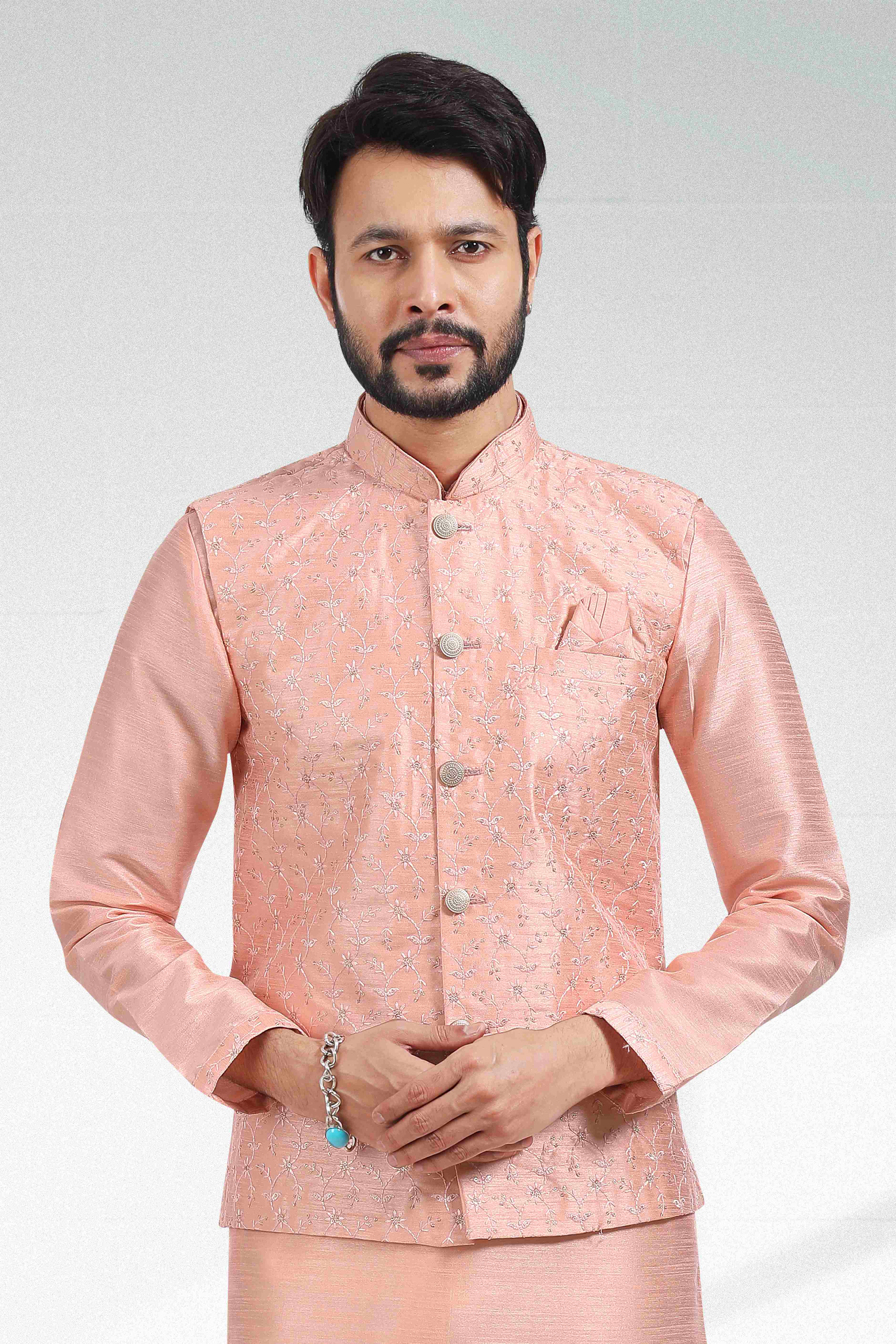 Raivat Ethnic Art Banarasi Silk Thread Work 3 Pics Jacket Set In Peach Colour