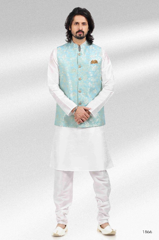 Raivat Ethnic Jacquard Banarasi Silk Woven Work 3 Pics Jacket Set In Sky Blue Colour