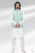 Raivat Ethnic Jacquard Banarasi Silk Woven Work 3 Pics Jacket Set In Sky Blue Colour