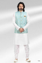 Raivat Ethnic Jacquard Banarasi Silk Woven Work 3 Pics Jacket Set In Sky Blue Colour