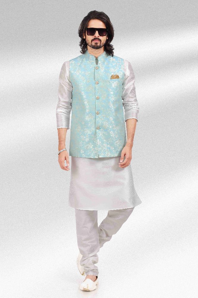 Raivat Ethnic Jacquard Banarasi Silk Woven Work 3 Pics Jacket Set In Sky Blue Colour