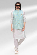 Raivat Ethnic Jacquard Banarasi Silk Woven Work 3 Pics Jacket Set In Sky Blue Colour