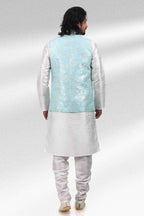Raivat Ethnic Jacquard Banarasi Silk Woven Work 3 Pics Jacket Set In Sky Blue Colour