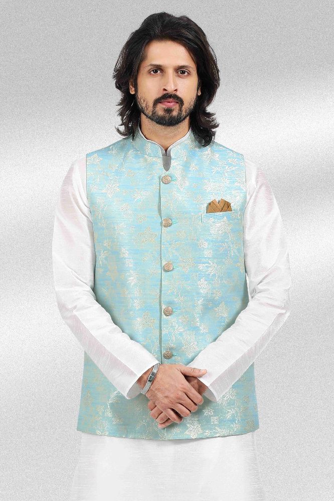 Raivat Ethnic Jacquard Banarasi Silk Woven Work 3 Pics Jacket Set In Sky Blue Colour