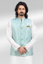 Raivat Ethnic Jacquard Banarasi Silk Woven Work 3 Pics Jacket Set In Sky Blue Colour