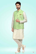 Raivat Ethnic Jacquard Banarasi Silk Woven Work 3 Pics Jacket Set In Pista Green Colour