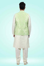 Raivat Ethnic Jacquard Banarasi Silk Woven Work 3 Pics Jacket Set In Pista Green Colour
