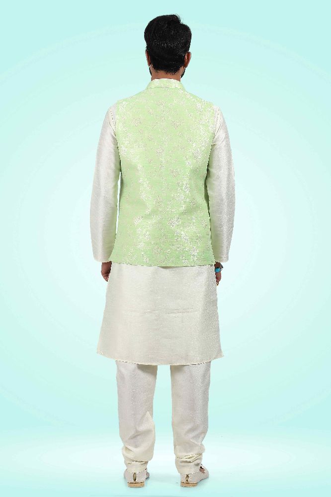 Raivat Ethnic Jacquard Banarasi Silk Woven Work 3 Pics Jacket Set In Pista Green Colour