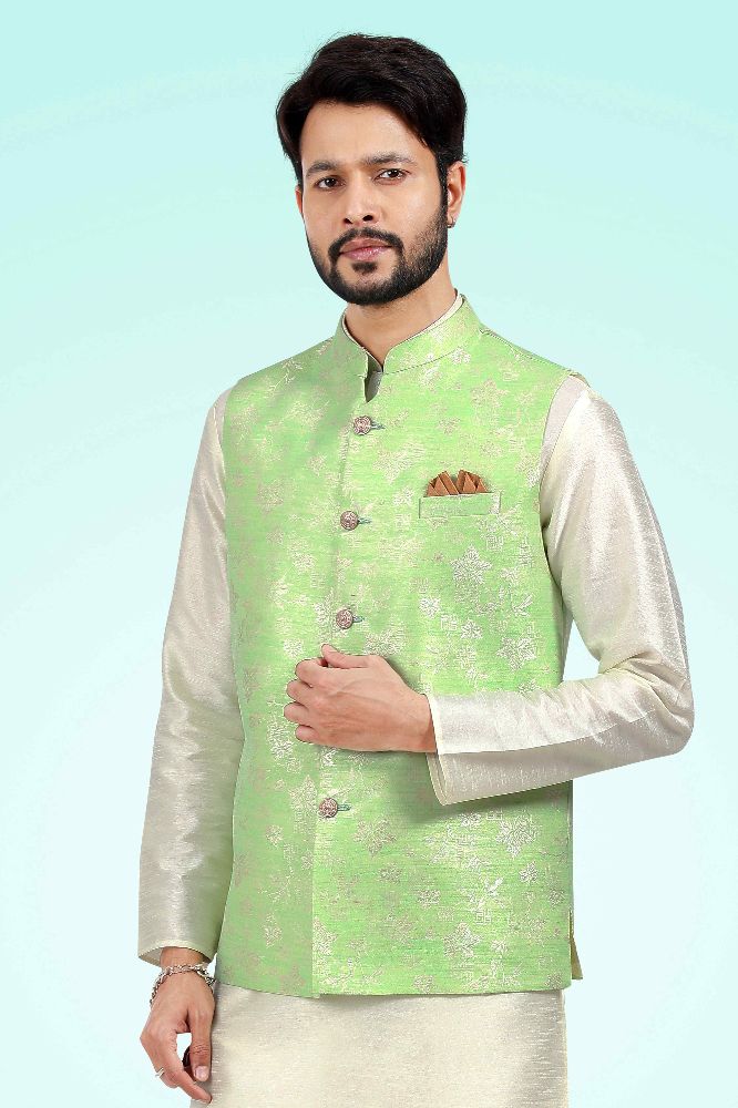 Raivat Ethnic Jacquard Banarasi Silk Woven Work 3 Pics Jacket Set In Pista Green Colour