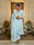 Vaasva Women's Blue Linen Suit Set With Printed Dupatta