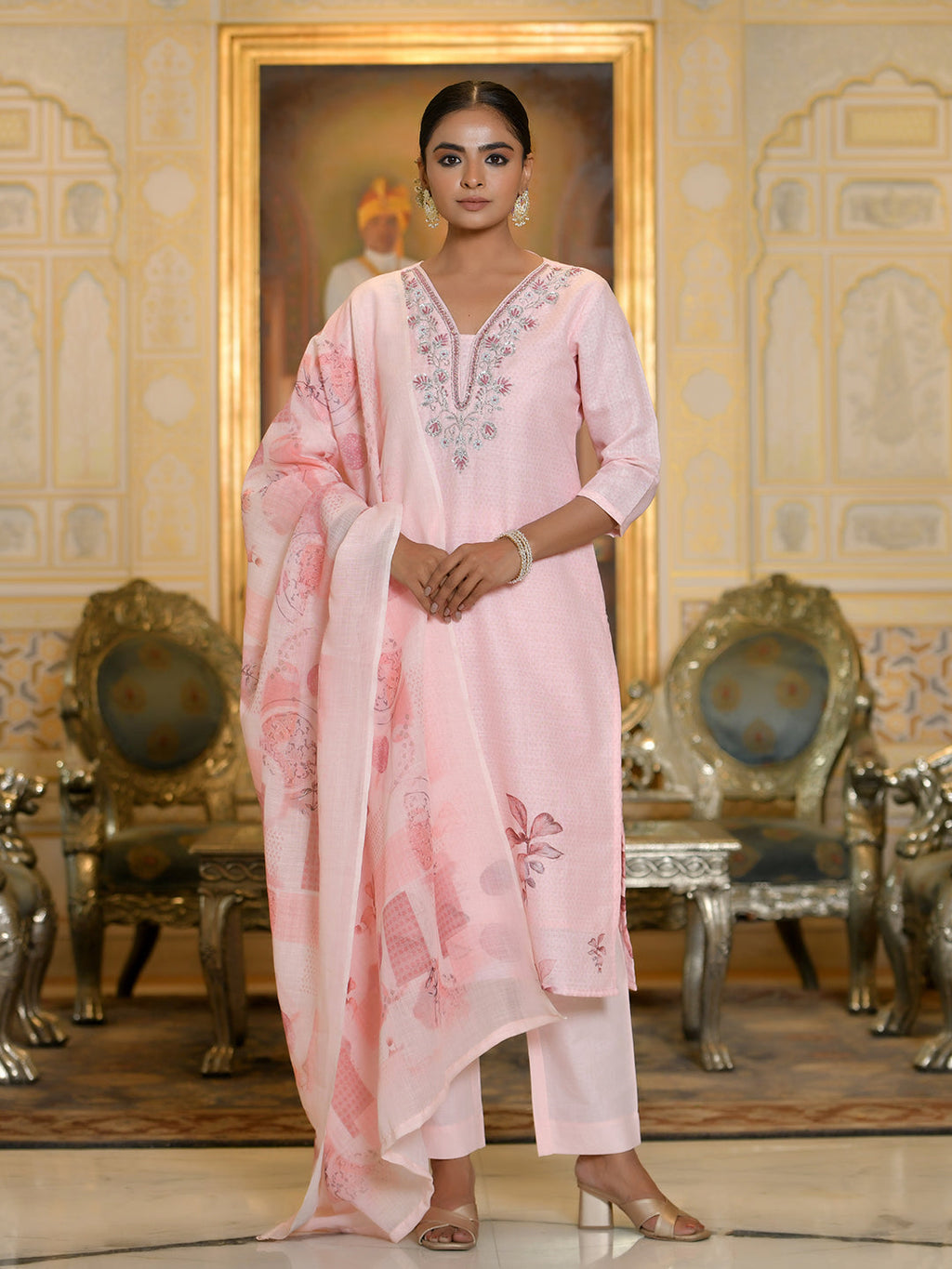 Vaasva Women's Pink Linen Suit Set With Printed Dupatta