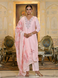 Vaasva Women's Pink Linen Suit Set With Printed Dupatta
