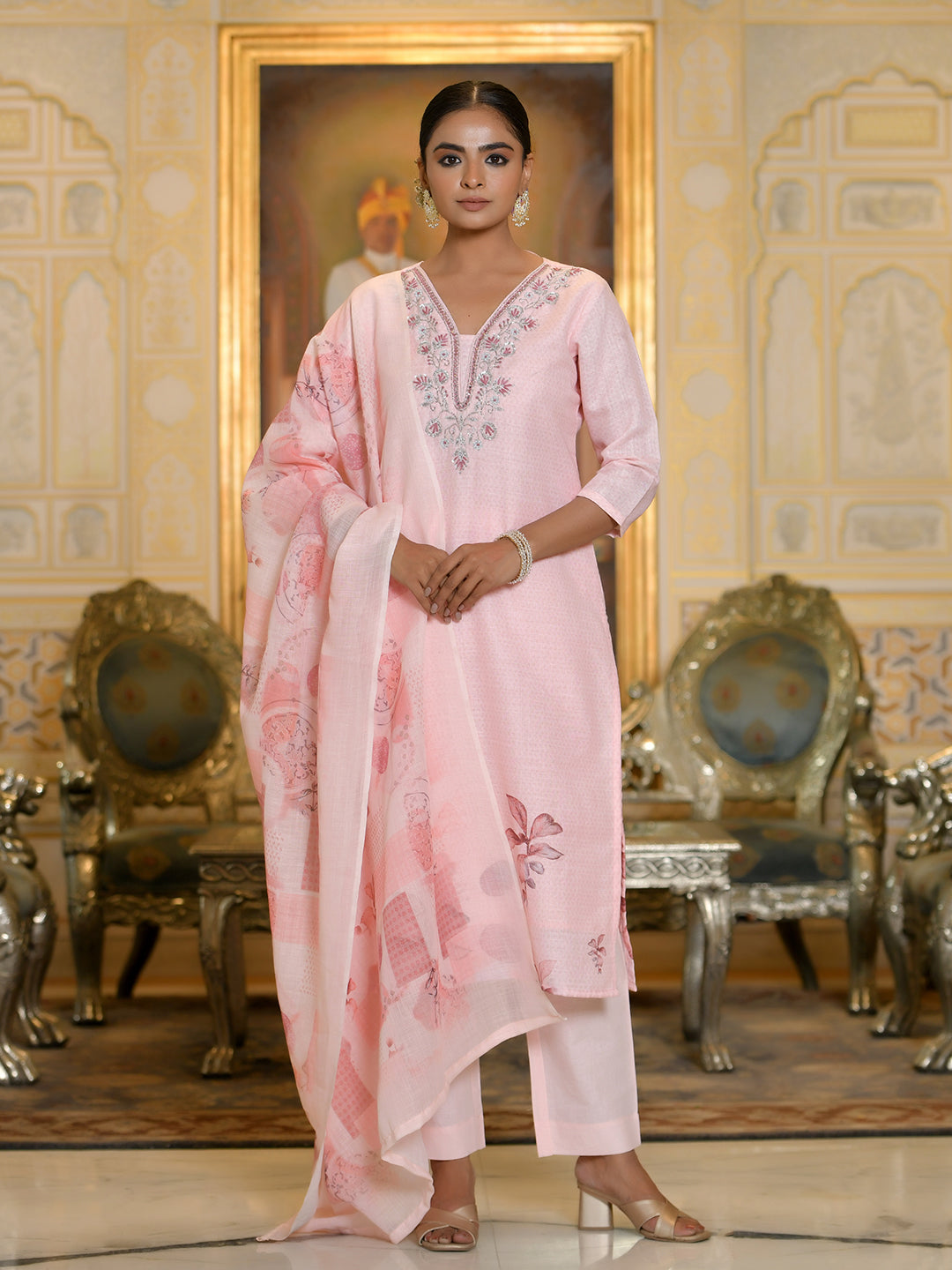 Vaasva Women's Pink Linen Suit Set With Printed Dupatta