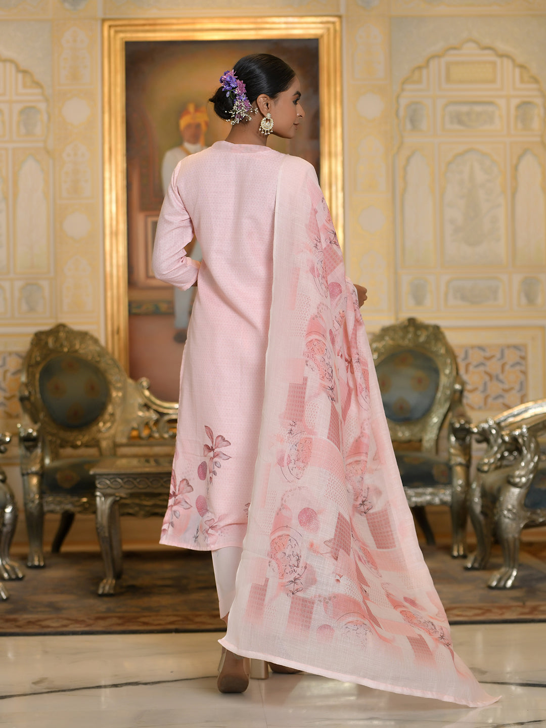 Vaasva Women's Pink Linen Suit Set With Printed Dupatta