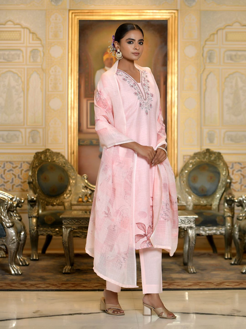 Vaasva Women's Pink Linen Suit Set With Printed Dupatta