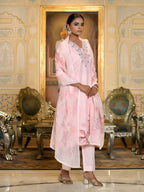 Vaasva Women's Pink Linen Suit Set With Printed Dupatta