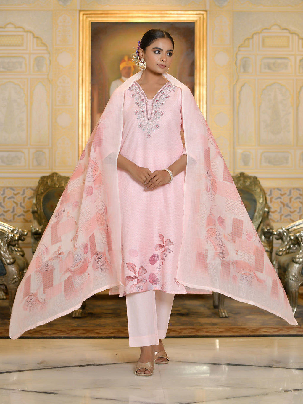 Vaasva Women's Pink Linen Suit Set With Printed Dupatta